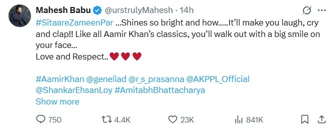 screenshot202025-06-2320131408 Mahesh Babu's X post about 'Sitaare Zameen Par'