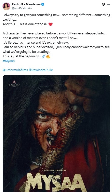 Rashmika Mandanna's X post announcing her upcoming film 'Mysaa'
